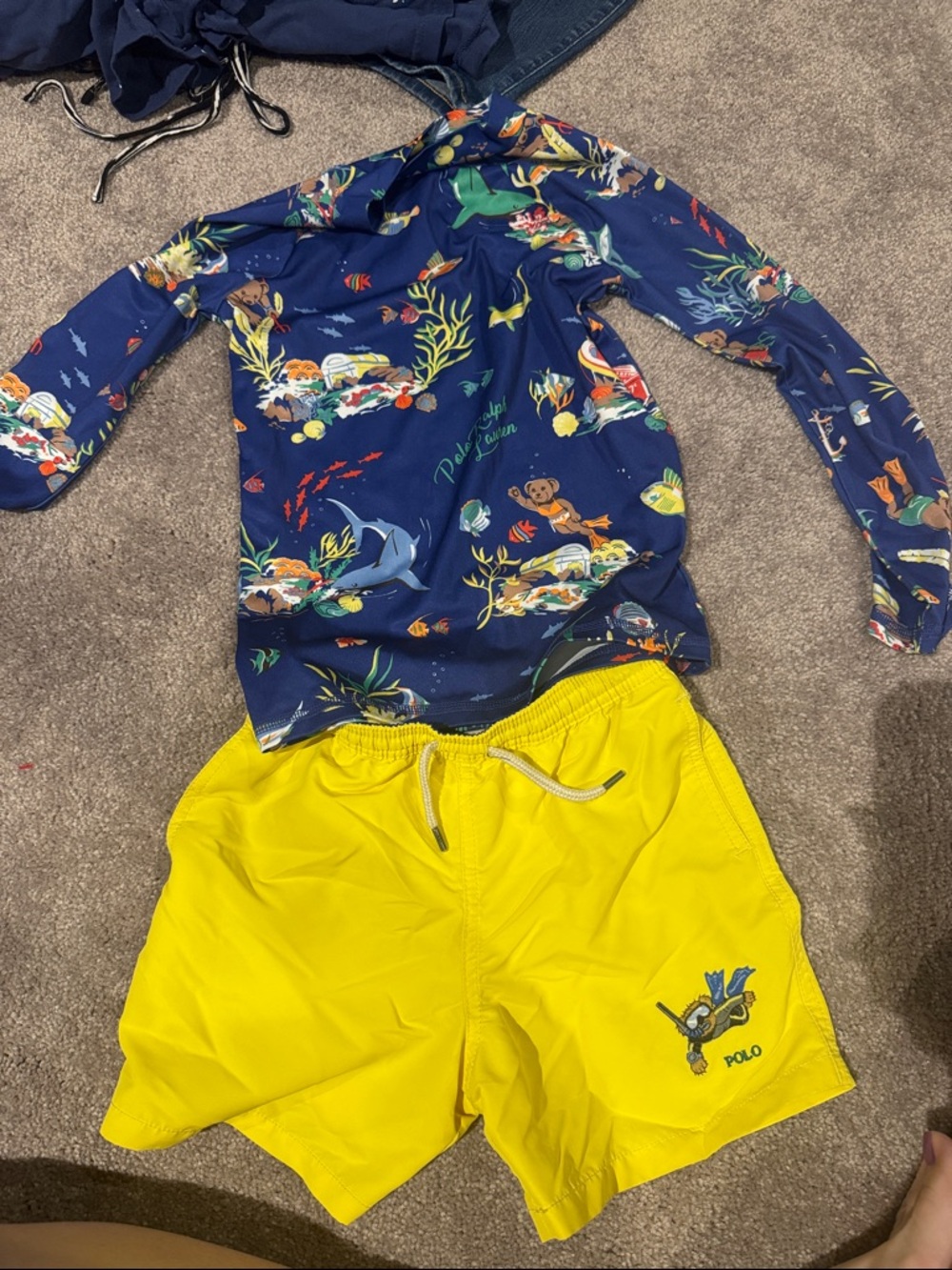 Polo by Ralph Lauren Navy Ocean Animal Rash Guard & Yellow Swim Trunks Set